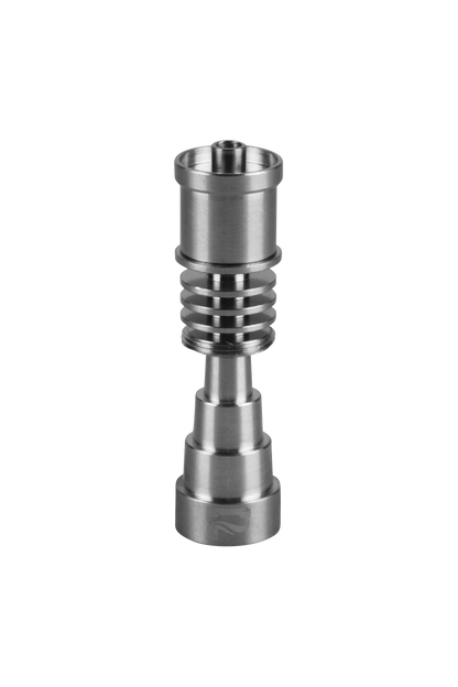 A front view of the Pulsar 6-in-1 Universal Titanium Nail, showcasing its multi-tiered, metallic structure against a plain white background.