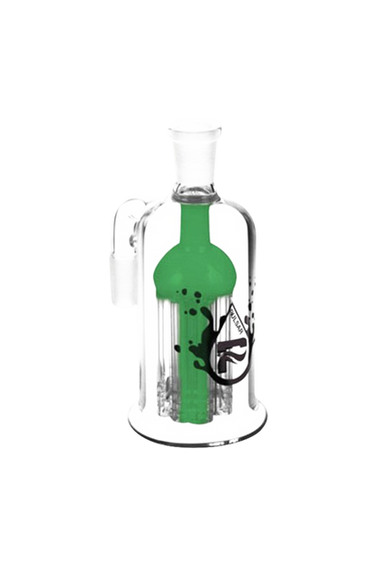 A studio shot of the Pulsar 8 Arm Ash Catcher, showcasing its clear glass construction and multi-arm percolator design.