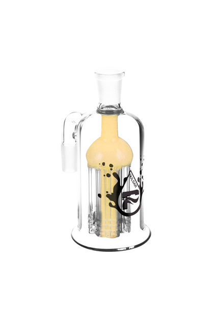 A studio shot displays the Pulsar 8 Arm Ash Catcher, showing its clear glass construction and eight-arm percolator design.