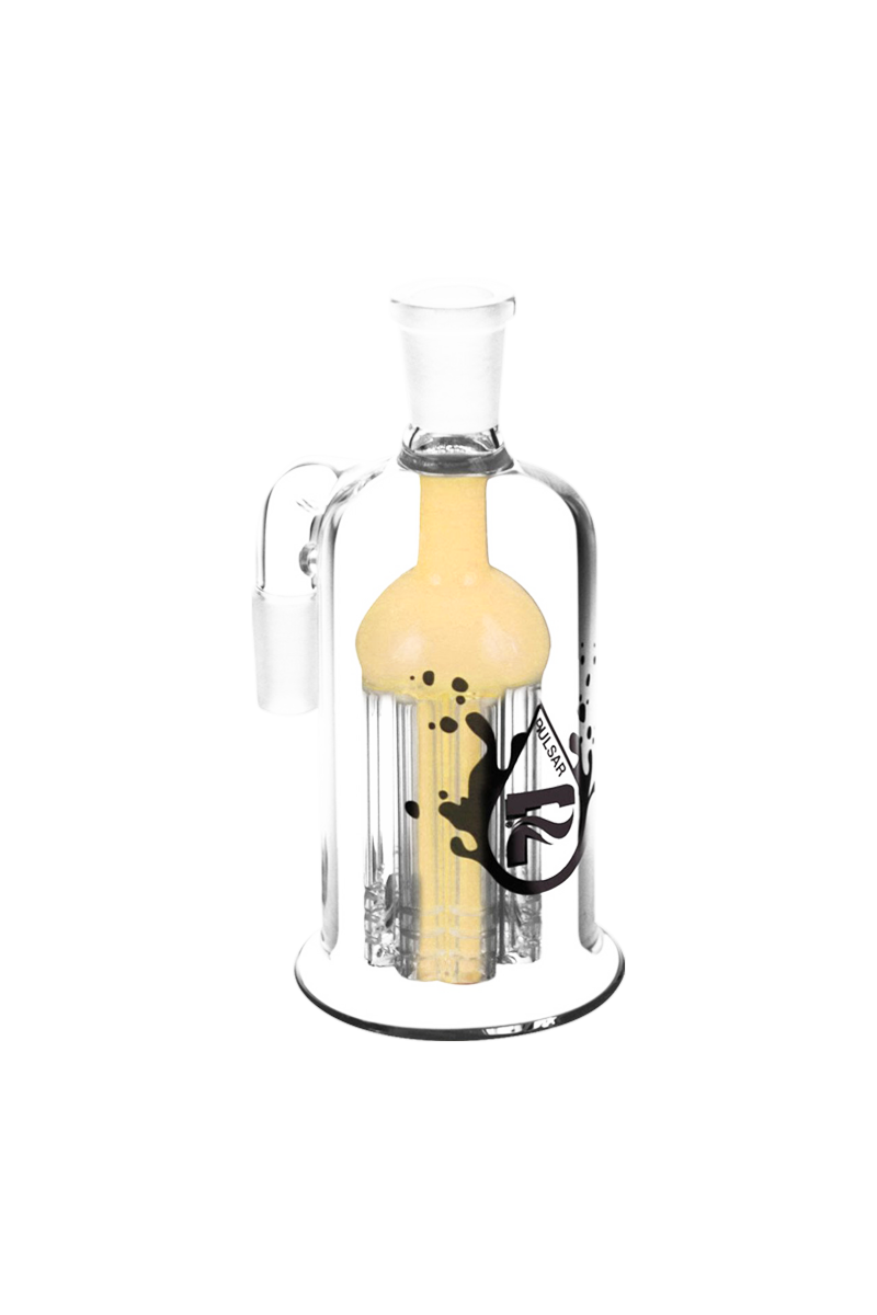 A studio shot displays the Pulsar 8 Arm Ash Catcher, showing its clear glass construction and eight-arm percolator design.