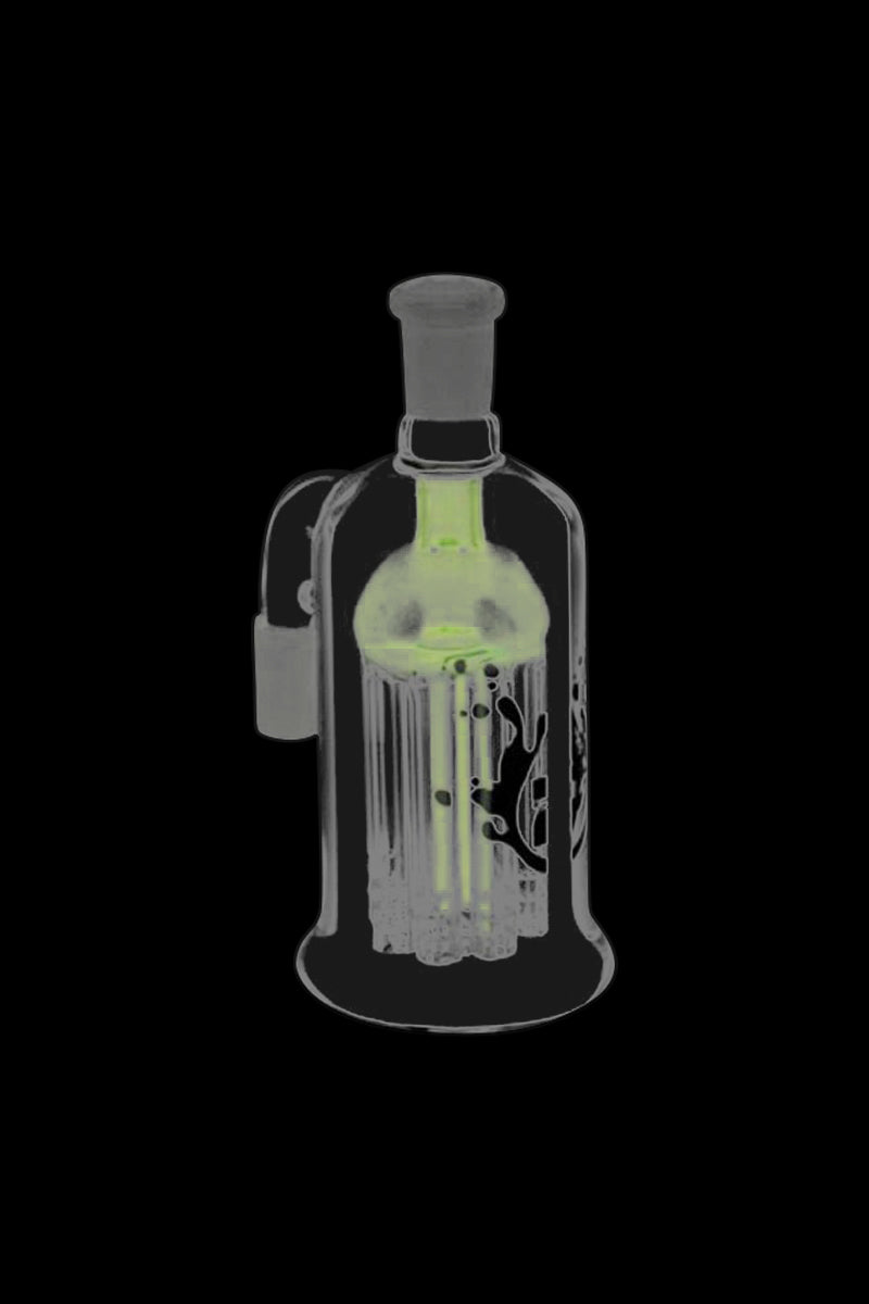 A close-up, angled view of the Pulsar 8 Arm Ash Catcher, showcasing its clear glass construction and intricate eight-arm design.