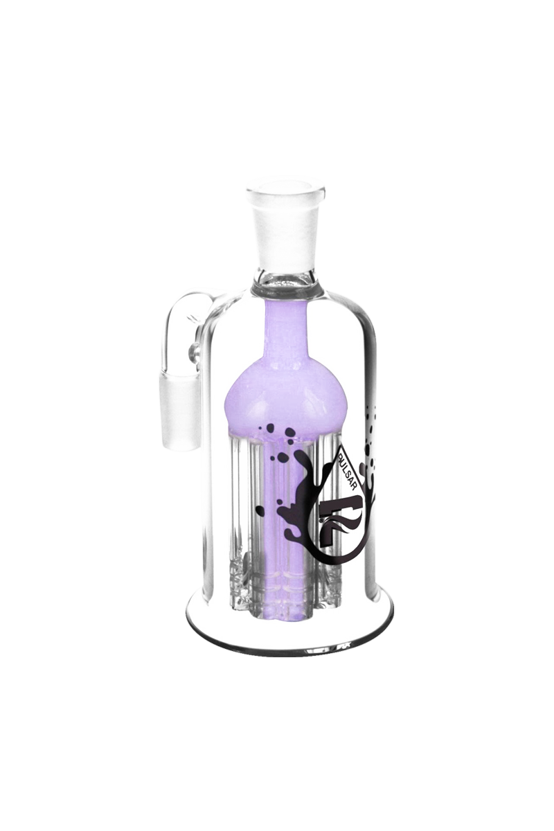 A studio shot of the Pulsar 8 Arm Ash Catcher, showcasing its intricate eight-arm design in clear glass.