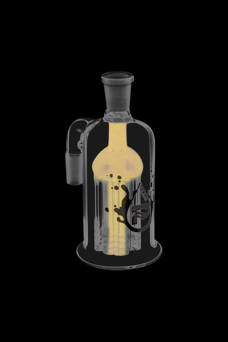 A studio shot of the Pulsar 8 Arm Ash Catcher, showcasing its intricate glass design against a black background.