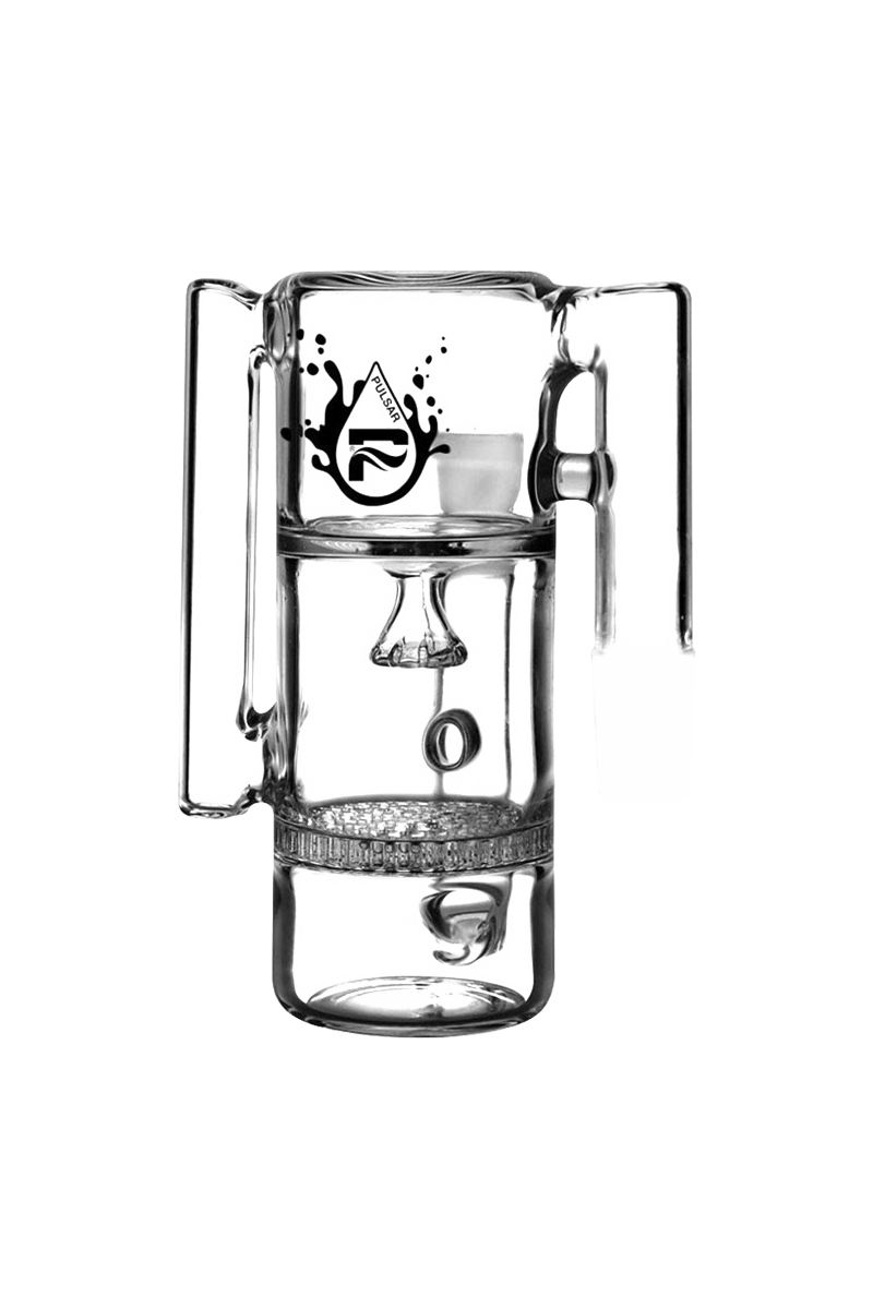 A three-quarter view of the Pulsar 90° Honeycomb Showerhead Recycler Ash Catcher, showcasing its glass construction and intricate honeycomb diffuser.