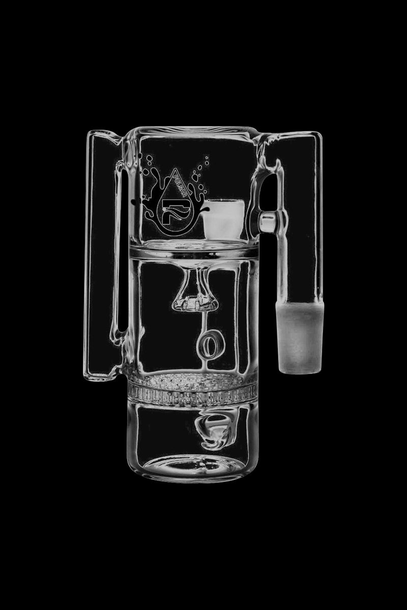 A front view of the Pulsar 90° Honeycomb Showerhead Recycler Ash Catcher, highlighting its clear glass construction and angled design.