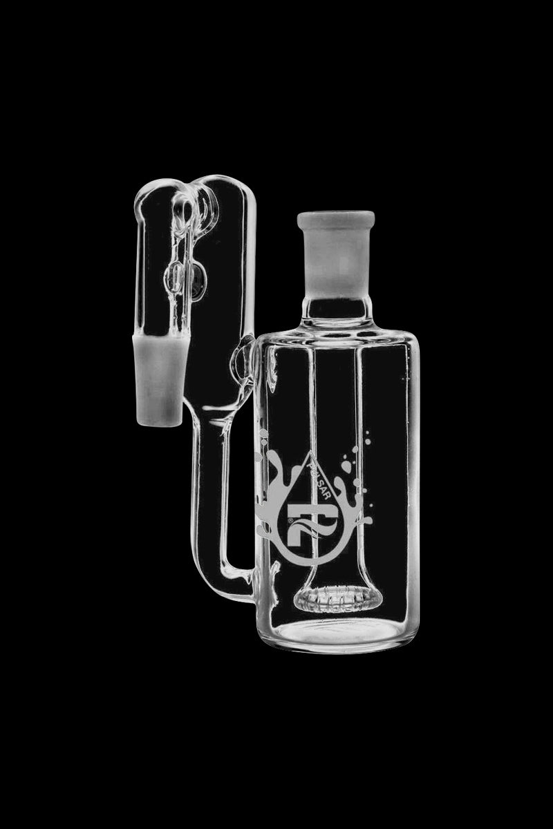 A slightly angled view of the Pulsar Showerhead Recycler Ash Catcher, showcasing its clear glass construction and unique showerhead percolator design.