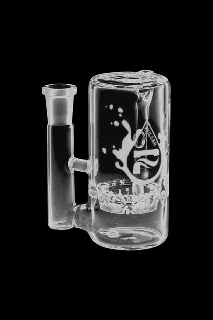 A studio shot of the Pulsar 90° Turbine Ash Catcher, angled to showcase its clear glass construction and unique turbine design.