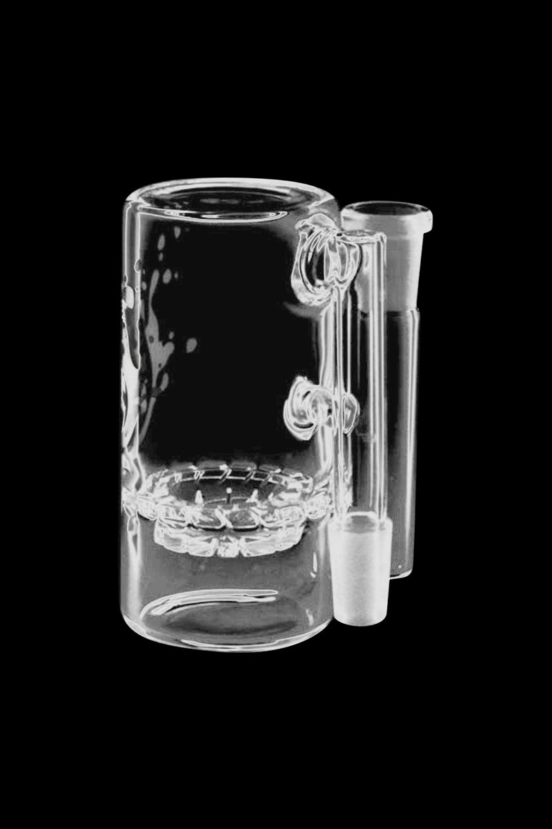 A side view of the Pulsar 90° Turbine Ash Catcher, featuring a clear glass turbine percolator and angled connection.