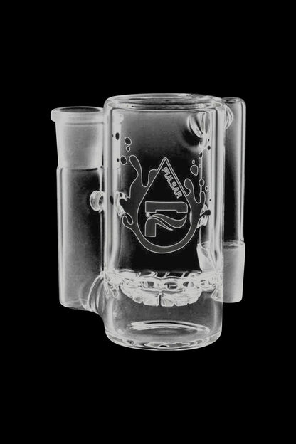 A studio shot of the Pulsar 90° Turbine Ash Catcher, angled to showcase its clear glass construction and unique turbine design.