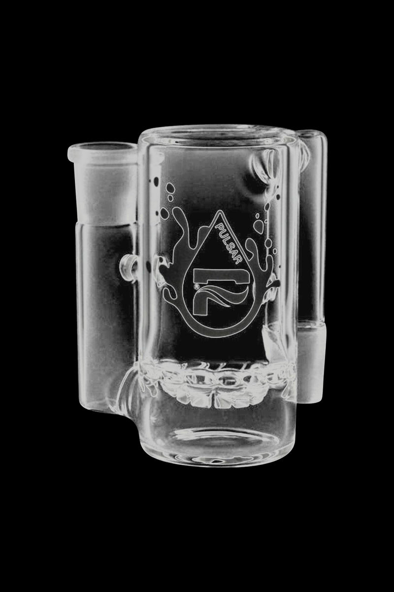 A studio shot of the Pulsar 90° Turbine Ash Catcher, angled to showcase its clear glass construction and unique turbine design.