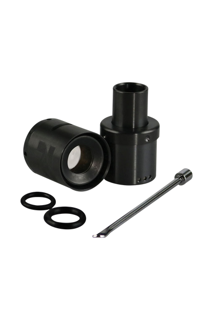 A slightly angled view of the Pulsar APX VOLT Blackout Atomizer Tank, disassembled with visible o-rings and a separate metal component.