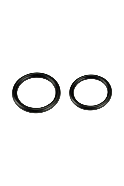 Overhead view of the Pulsar APX Volt Replacement O-Rings Kit - 2 Pack, showing two black rubber rings neatly arranged against a white background.