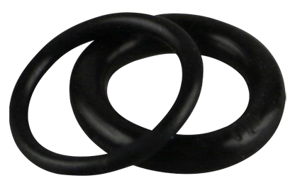 Top-down close-up of two black Pulsar APX Wax/Barb Coil Replacement O-Rings - 2 Pack overlapping on a plain white background.