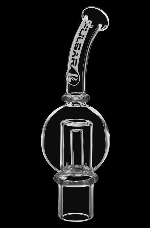A clear, angled view of the Pulsar APX Wax/Volt V3 Bubbler Attachment, showing its glass construction and joint connection.