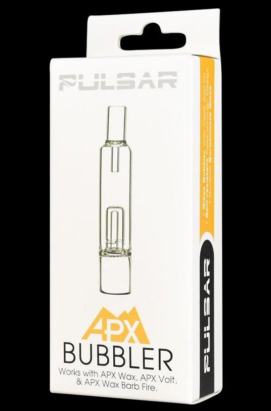 Front view of the Pulsar APX Wax/Volt Water Bubbler Attachment, showing its clear glass construction and simple, cylindrical shape.