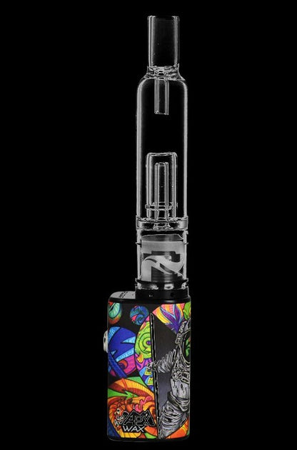 A close-up, angled view of the Pulsar APX Wax/Volt Water Bubbler Attachment, showing its clear glass construction and detailed design.