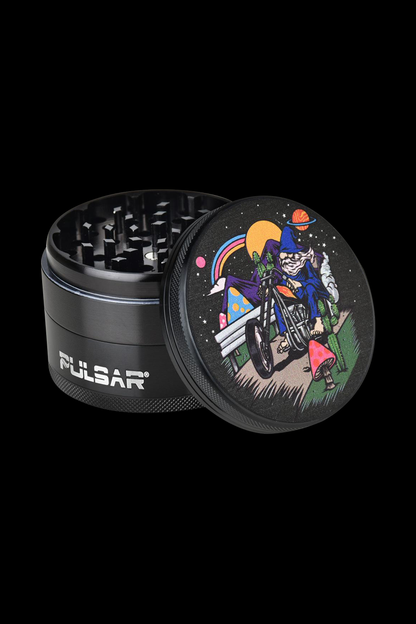 A close-up of the Pulsar Artist Series Grinder - Trippy Trip, showcasing a detailed psychedelic design on its metallic surface.