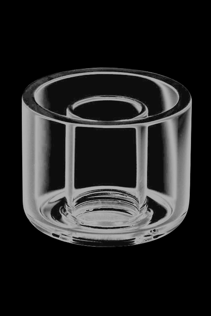 Front view of the Pulsar Axial eNail Replacement Quartz Donut Cup, showcasing its circular, translucent design against a dark background.