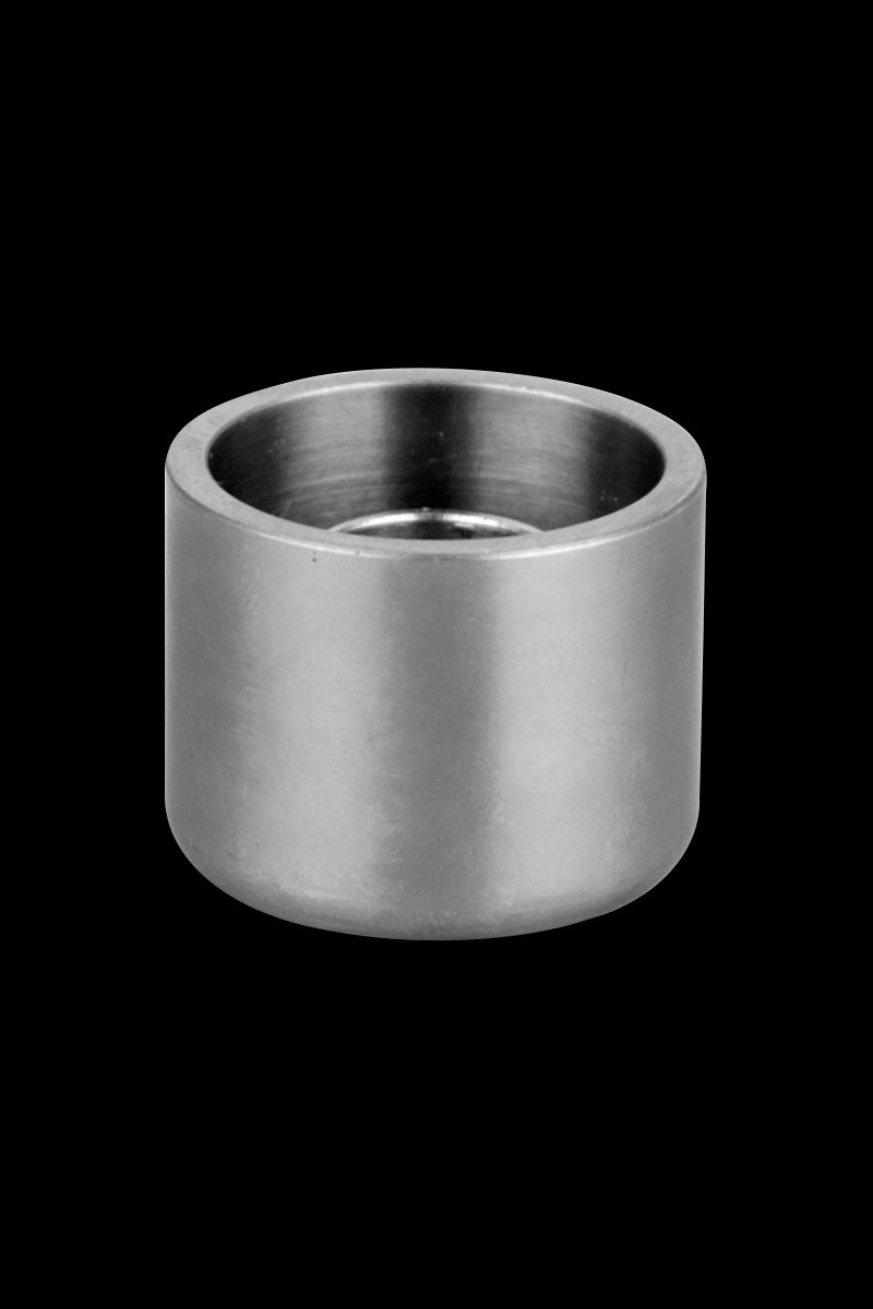 A close-up, angled view of the Pulsar Axial eNail Replacement Titanium Donut Cup, showing its smooth, metallic surface.