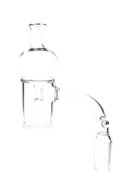 A studio shot of the Pulsar Axial Opal Quartz Banger with Bubble Cap, angled to display its clear quartz construction.