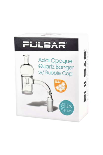 A front view of the Pulsar Axial Opal Quartz Banger with Bubble Cap, showcasing its clear quartz construction and included cap.