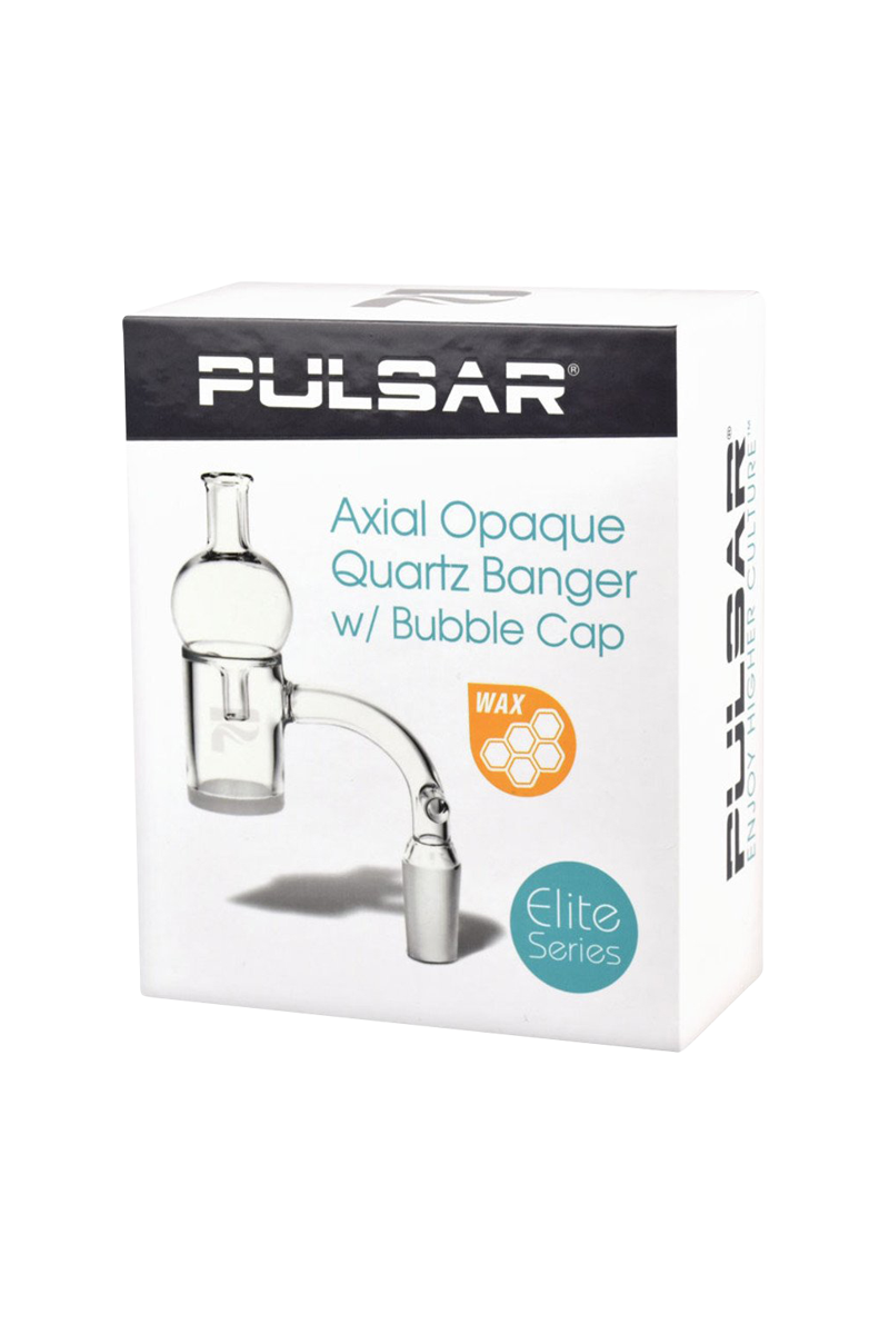 A front view of the Pulsar Axial Opal Quartz Banger with Bubble Cap, showcasing its clear quartz construction and included cap.