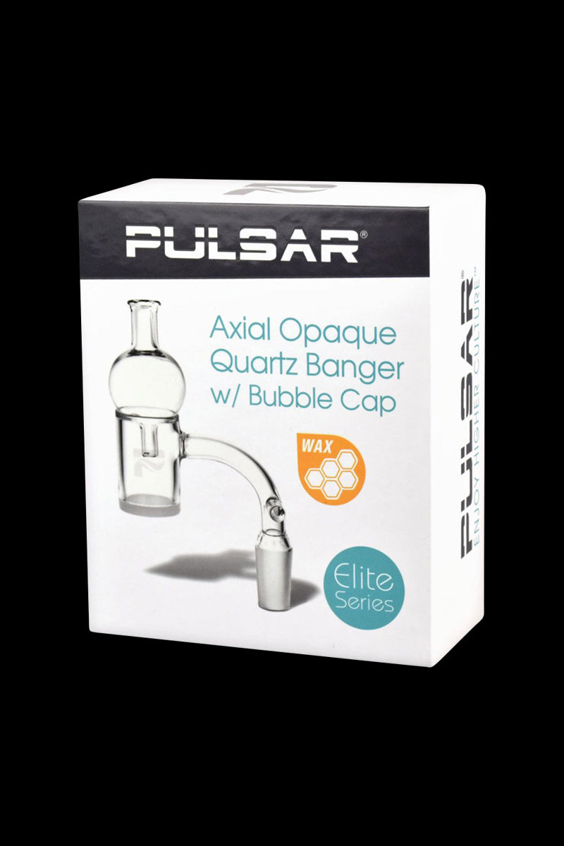 Front view of the Pulsar Axial Opal Quartz Banger with Bubble Cap, showing its clear glass construction and compact size.