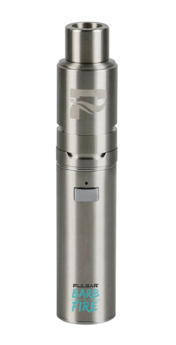 A close-up, angled view of the Pulsar Barb Fire Vaporizer Kit, featuring a sleek, metallic silver finish. - Pulsar Barb Fire Vaporizer Kit
