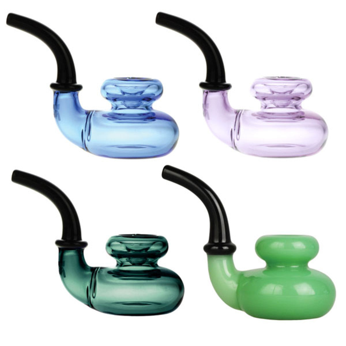 A front view of the Pulsar Bi-Level Sherlock handpipe, showcasing its curved form in clear glass.