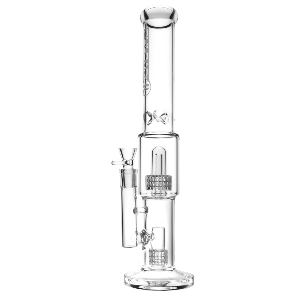 Front view of the Pulsar Double Matrix Stereo Perc Water Pipe, showcasing its clear glass construction and intricate perc design.