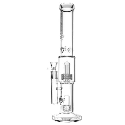 Front view of the Pulsar Double Matrix Stereo Perc Water Pipe, showcasing its clear glass construction and intricate perc design.