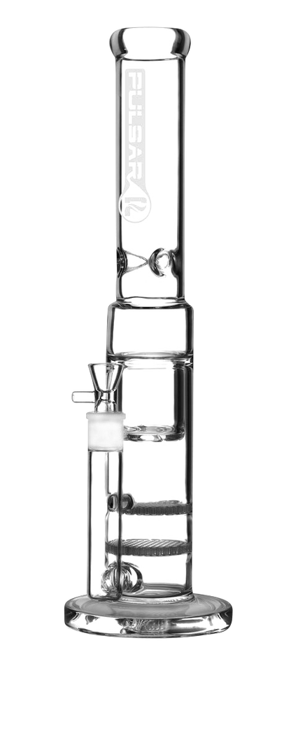 A studio shot of the Pulsar Double Honeycomb Inverted Showerhead Perc Bong, showcasing its clear glass construction and intricate perc design.