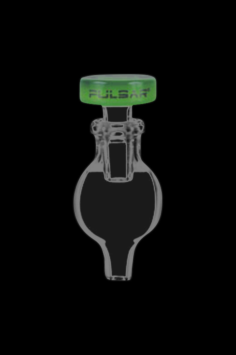 A studio shot of the Pulsar Bubble Carb Cap with Stop & Airflow Control, showcasing its clear glass construction and bubble shape.