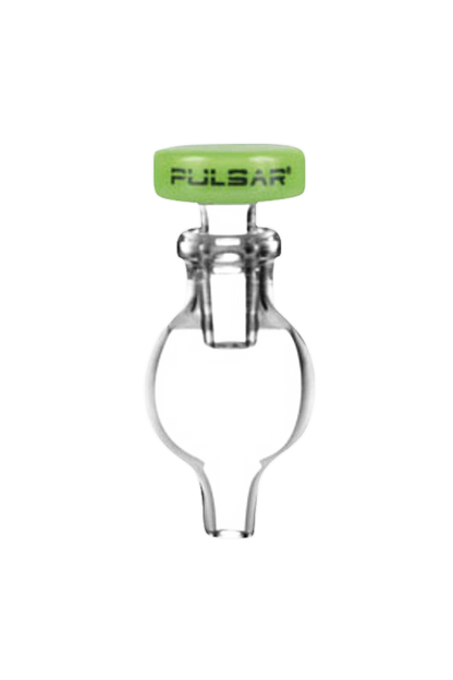 Close-up of the Pulsar Bubble Carb Cap with Stop & Airflow Control, displaying its clear glass construction and rounded shape.
