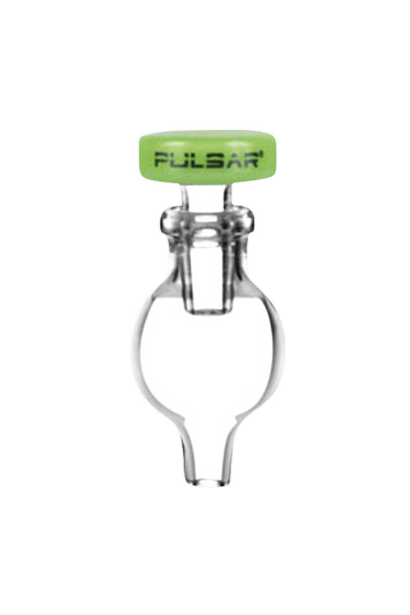 Close-up of the Pulsar Bubble Carb Cap with Stop & Airflow Control, displaying its clear glass construction and rounded shape.
