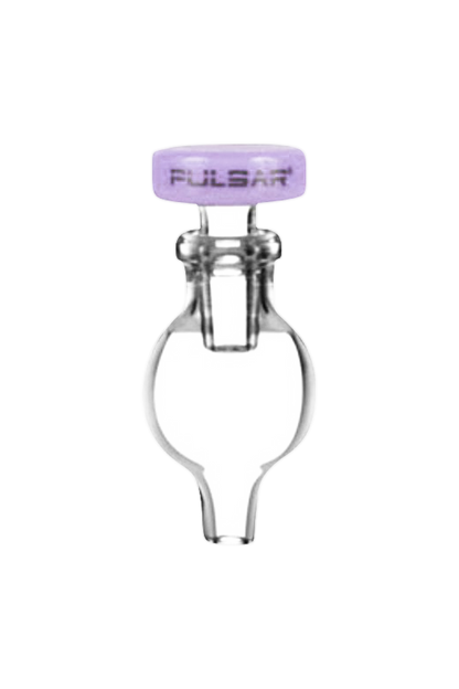 A slightly angled view of the Pulsar Bubble Carb Cap with Stop & Airflow Control, showcasing its clear glass construction.