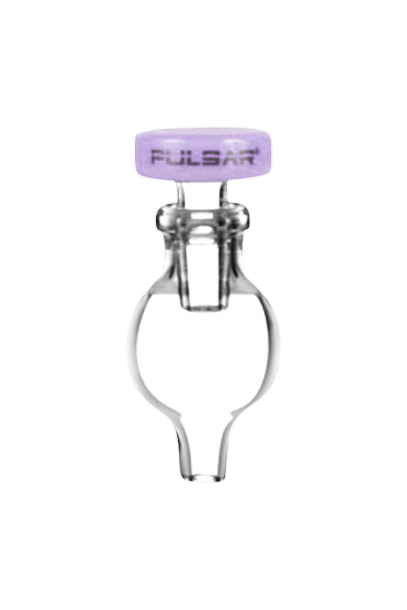 A slightly angled view of the Pulsar Bubble Carb Cap with Stop & Airflow Control, showcasing its clear glass construction.