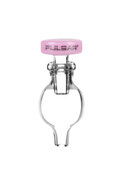 Close-up of the Pulsar Bubble Carb Cap with Stop & Airflow Control, displaying its clear glass construction and circular design.