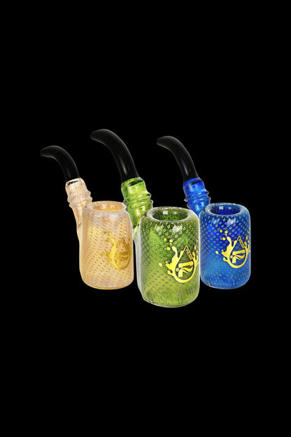 Front view of the Pulsar Bubble Matrix Sherlock Pipe, a clear glass pipe with a unique bubble textured design.