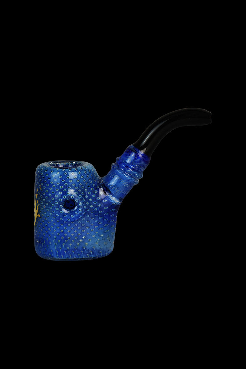 Front view of the Pulsar Bubble Matrix Sherlock Pipe, showcasing its patterned glass and curved stem against a black background.
