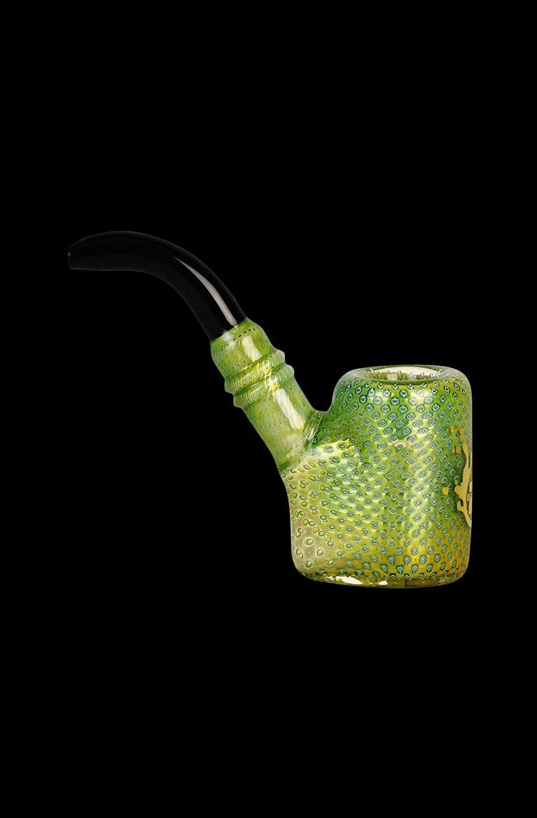 Front view of the Pulsar Bubble Matrix Sherlock Pipe, showing its green glass construction and curved design.