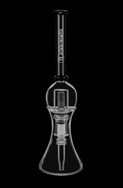 Front view of the Pulsar Bubble Vapor Vessel with Quartz Tip & Stand, showcasing its clear glass construction and unique bulbous shape.