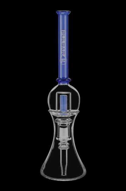 A studio shot of the Pulsar Bubble Vapor Vessel with Quartz Tip & Stand, featuring a clear glass body and sleek, minimalist design.