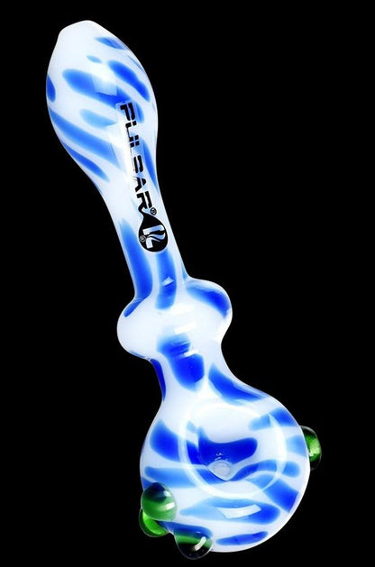 A studio shot of the Pulsar Creme Color Swirl Hand Pipe with a dynamic swirl pattern in shades of blue and white.