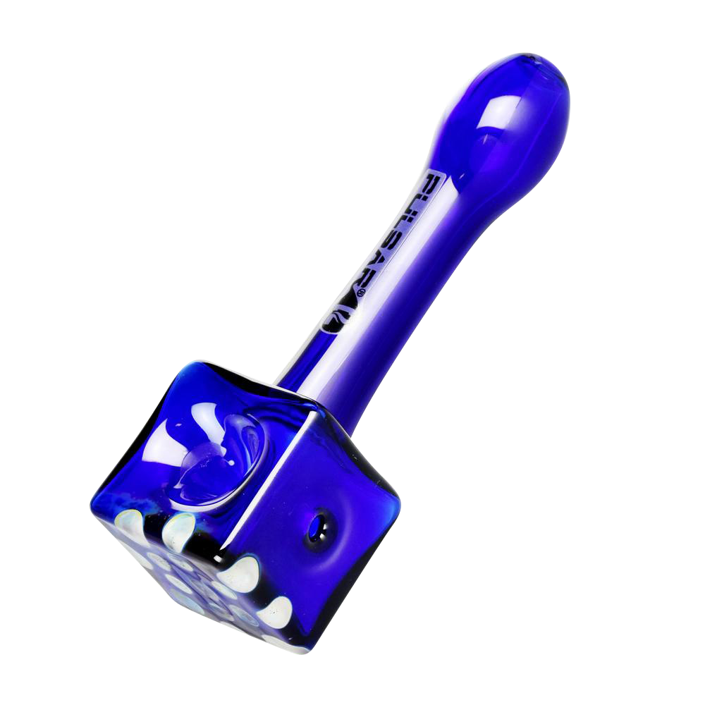 Front view of the Pulsar Cube Universe Spoon Pipe, a blue glass pipe with a geometric cube shape.