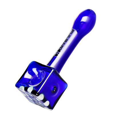 Front view of the Pulsar Cube Universe Spoon Pipe, a blue glass pipe with a geometric cube shape.