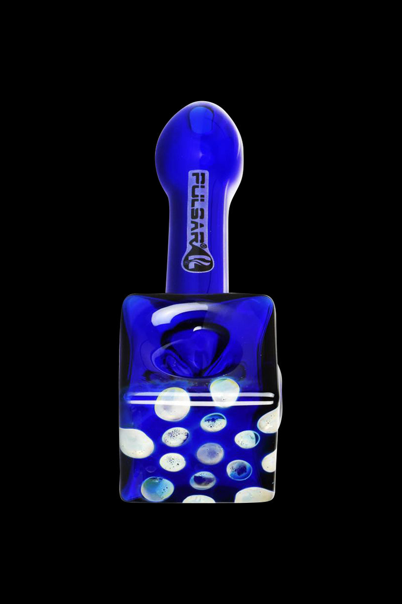 Front view of the Pulsar Cube Universe Spoon Pipe, showing a colorful, speckled design on the clear glass bowl.