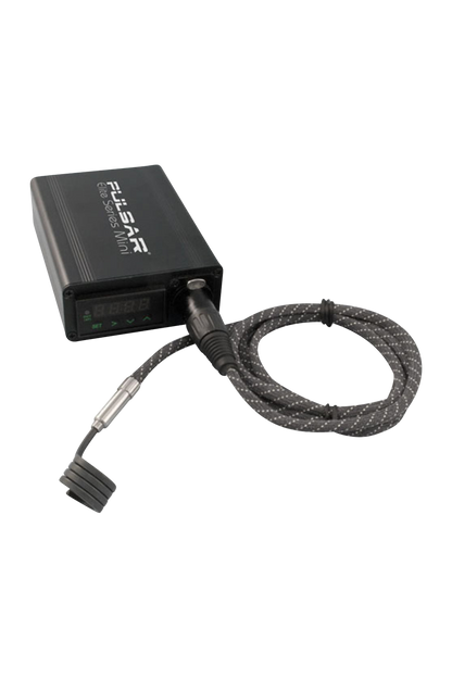 A close-up, angled view of the Pulsar "Elite Series" Mini eNail Kit with Universal Nail, showcasing its black box and coiled cord.