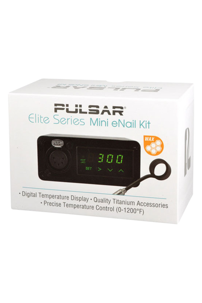 Close-up of the Pulsar “Elite Series” Mini eNail Kit with a digital display showing the temperature, on a dark surface.