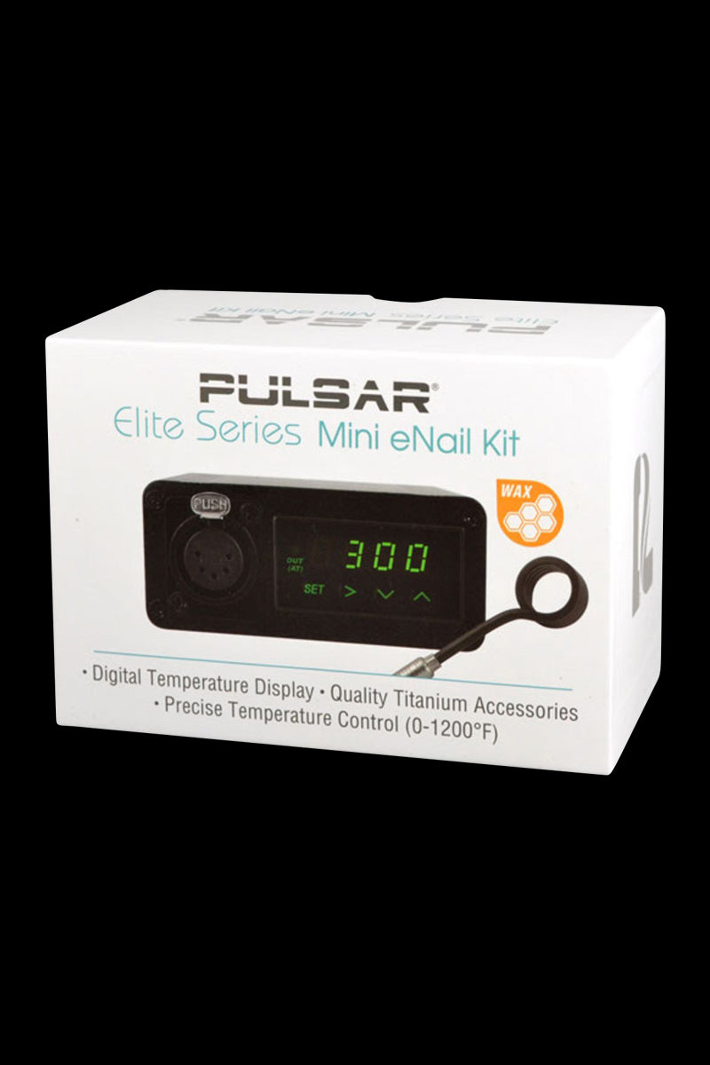 A close-up of the digital display on the Pulsar "Elite Series" Mini eNail Kit, showing a bright orange temperature readout.